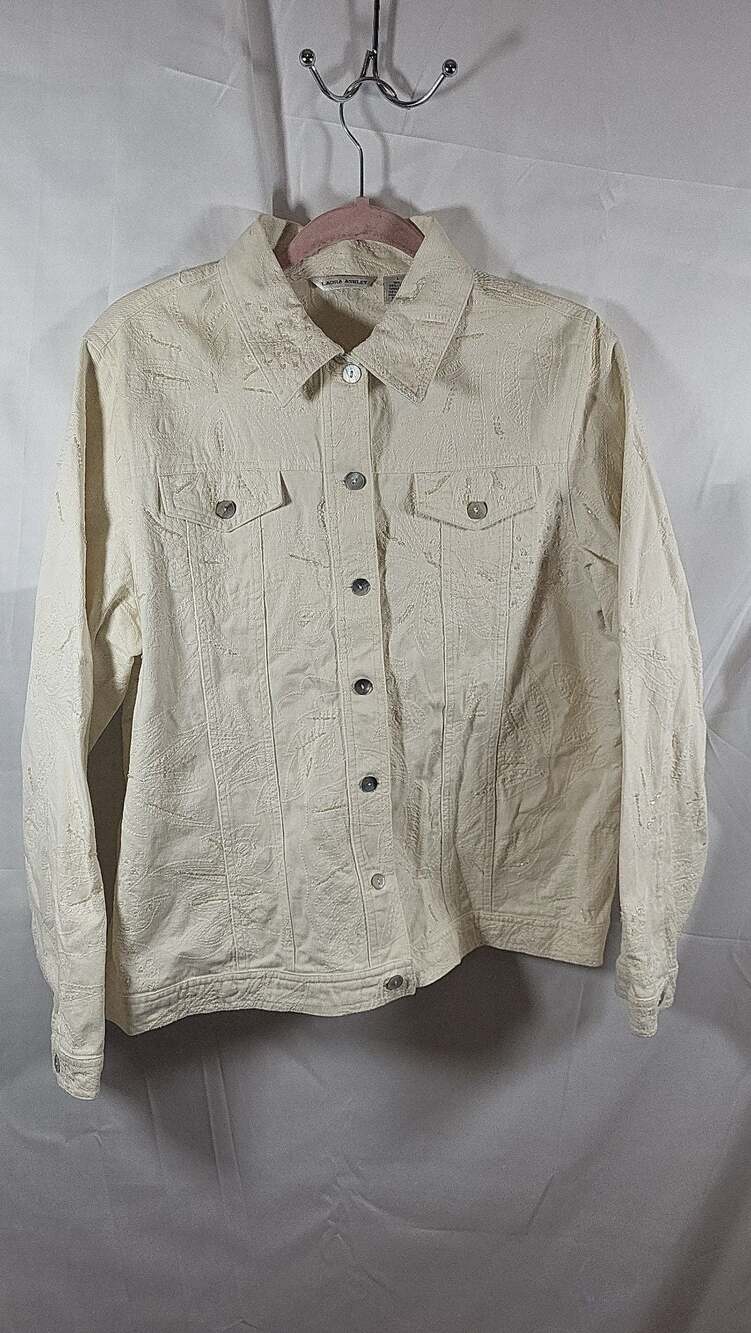 Laura Ashley Vintage Ivory Floral Embroidered Sequin Button Up Cottagecore Cotto